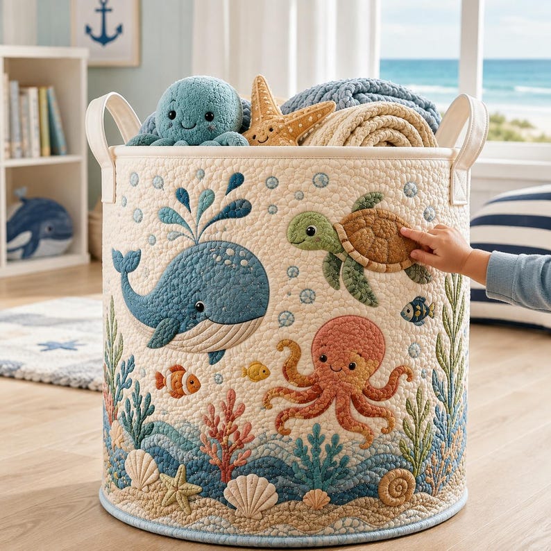 Quilted Nursery Laundry Basket, Animal Toy Storage Bin, Forest Ocean Nursery Decor, Unique Baby Shower Gift
