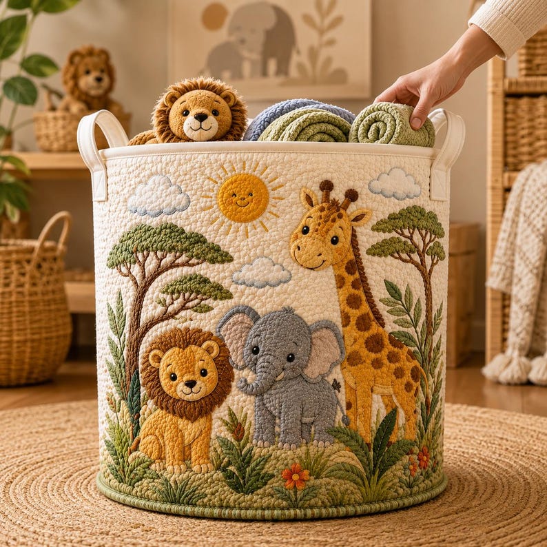 Quilted Nursery Laundry Basket, Animal Toy Storage Bin, Forest Ocean Nursery Decor, Unique Baby Shower Gift