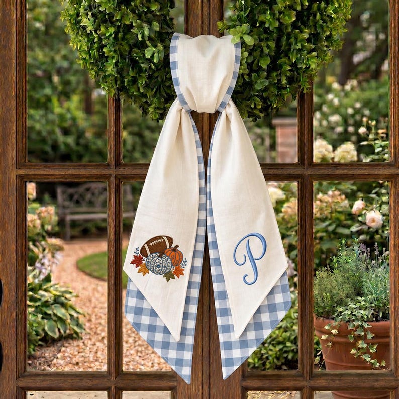 Personalized Fall Wreath Sash, Embroidered Football Pumpkin Bow, Custom Monogram Wreath Decor, Thanksgiving Door Decor