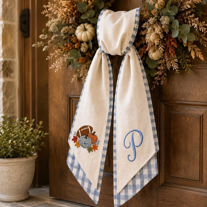 Personalized Fall Wreath Sash, Embroidered Football Pumpkin Bow, Custom Monogram Wreath Decor, Thanksgiving Door Decor