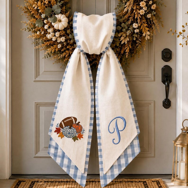 Personalized Fall Wreath Sash, Embroidered Football Pumpkin Bow, Custom Monogram Wreath Decor, Thanksgiving Door Decor