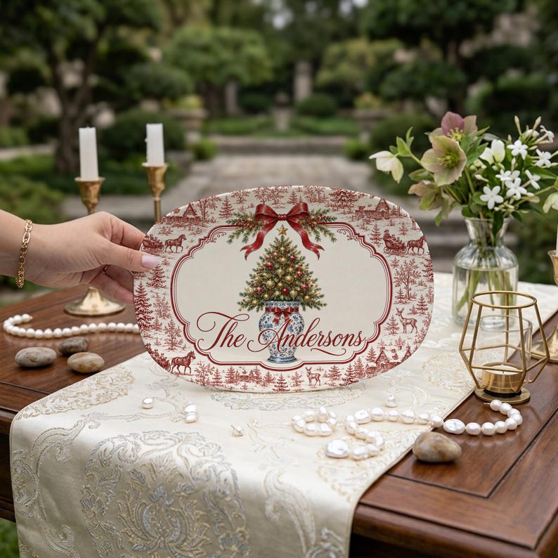 Personalized Christmas Serving Platter, Custom Family Holiday Tray, Festive Table Decor