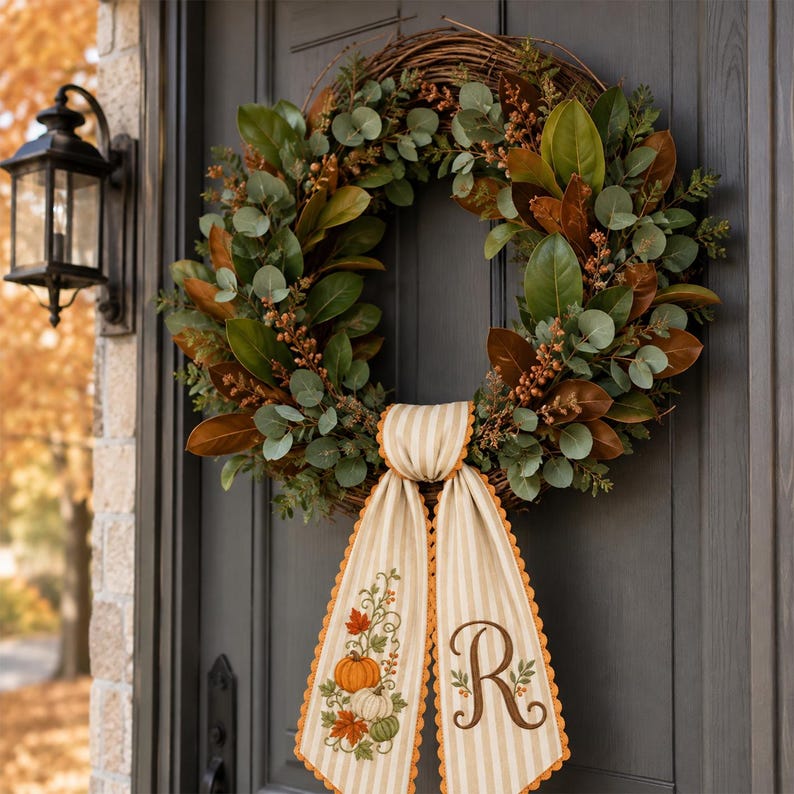 Personalized Fall Wreath Sash, Embroidered Pumpkin Monogram Wreath Bow, Custom Initial Autumn Front Door Decor