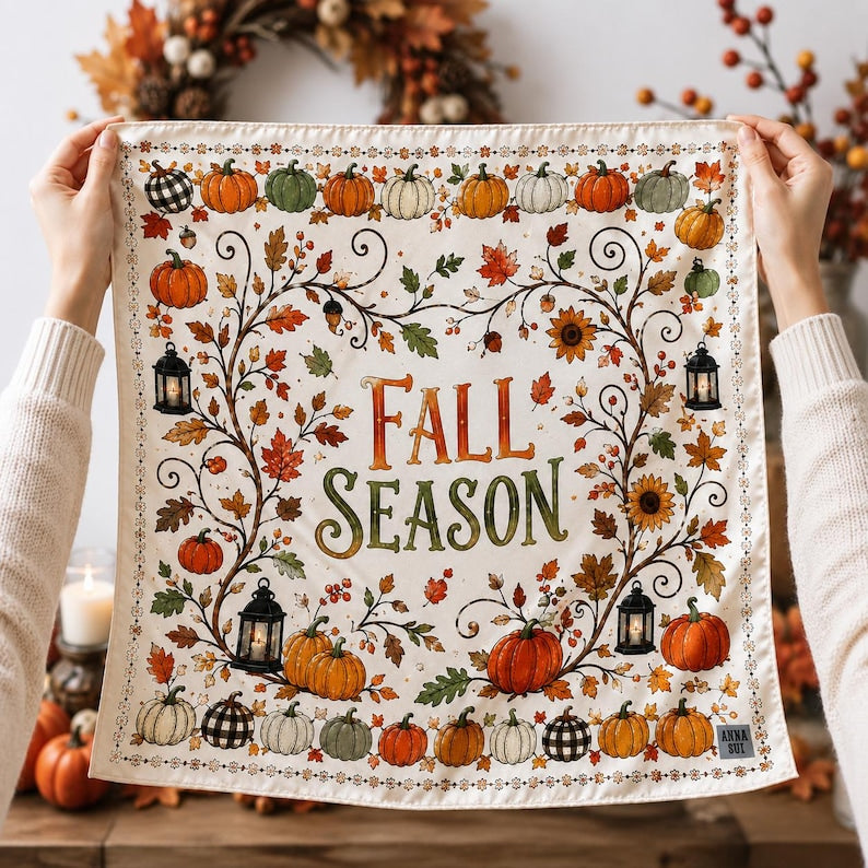Autumn Fall Season Satin Scarf, Cozy Pumpkin Sunflower Silk Square Scarf, Autumn Leaf Neck Headscarf Bandana