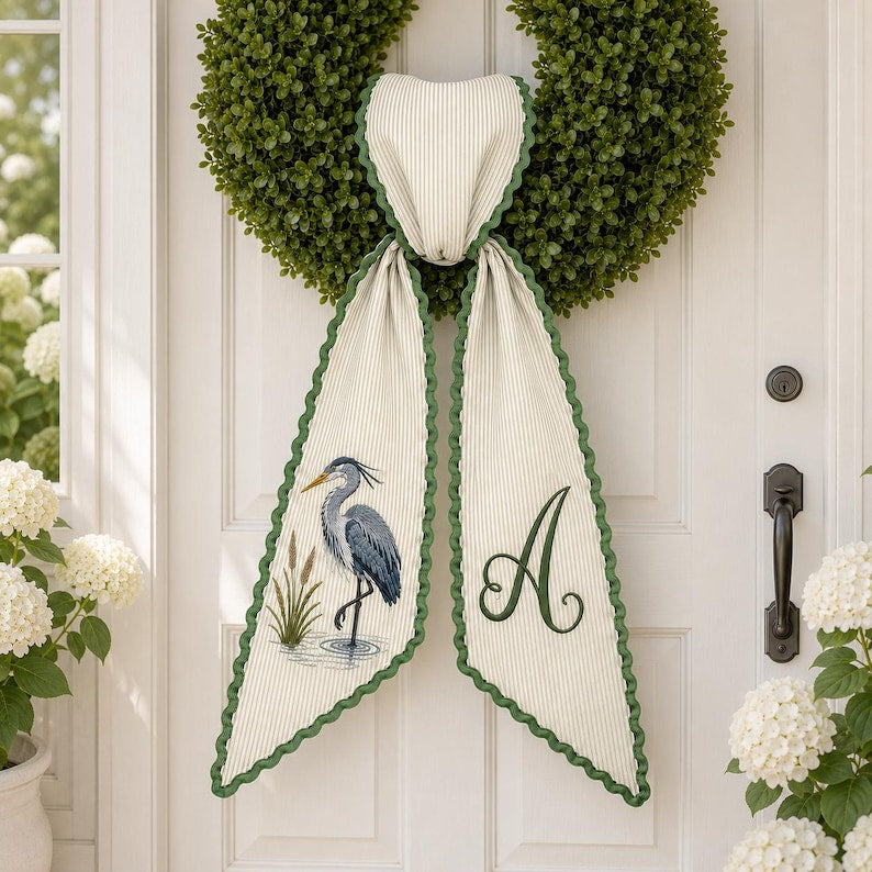 Personalized Heron Door Wreath Sash, Embroidered Green Stripe Monogram Bow, Coastal Front Porch Decor Gift