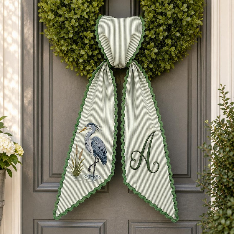 Personalized Heron Door Wreath Sash, Embroidered Green Stripe Monogram Bow, Coastal Front Porch Decor Gift
