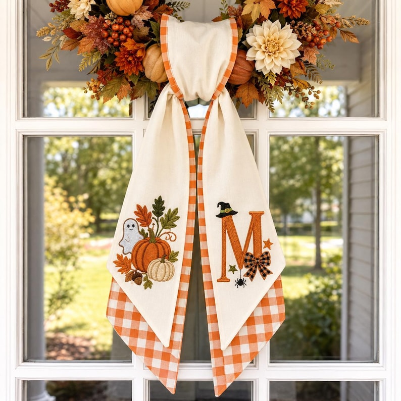 Custom Halloween Wreath Sash, Personalized Embroidered Monogram Door Bow, Spooky Front Door Decor, Fall Porch Decoration