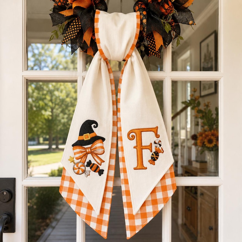 Custom Halloween Wreath Sash, Personalized Embroidered Monogram Door Bow, Spooky Front Door Decor, Fall Porch Decoration