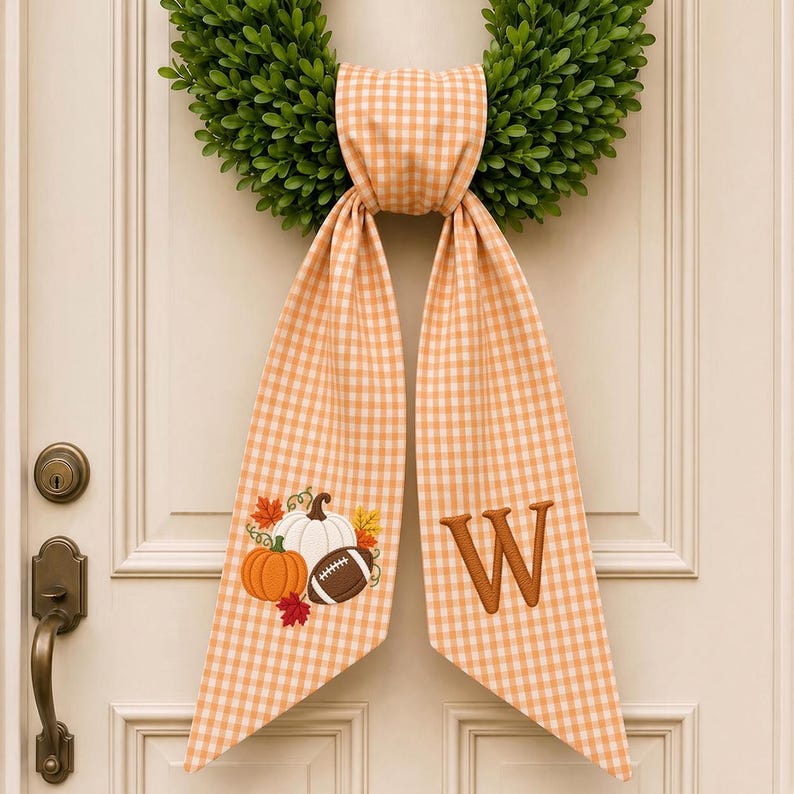 Personalized Pumpkin Embroidered Wreath Sash, Thanksgiving Housewarming Gift, Football Kick Off Wreath Sash
