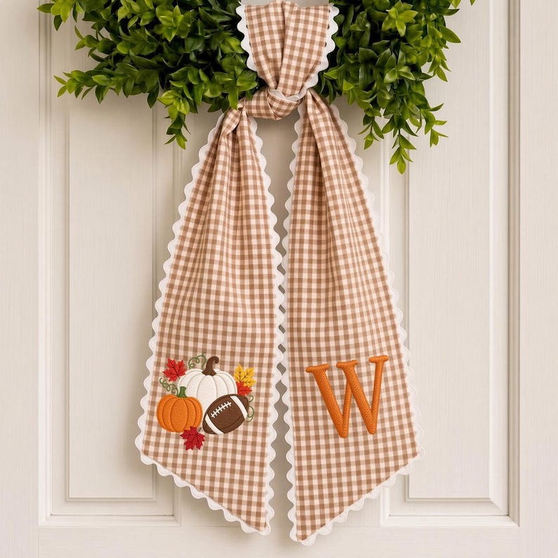 Personalized Pumpkin Embroidered Wreath Sash, Thanksgiving Housewarming Gift, Football Kick Off Wreath Sash