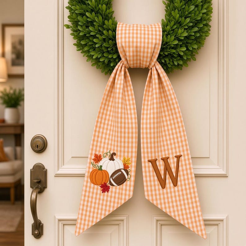 Personalized Pumpkin Embroidered Wreath Sash, Thanksgiving Housewarming Gift, Football Kick Off Wreath Sash