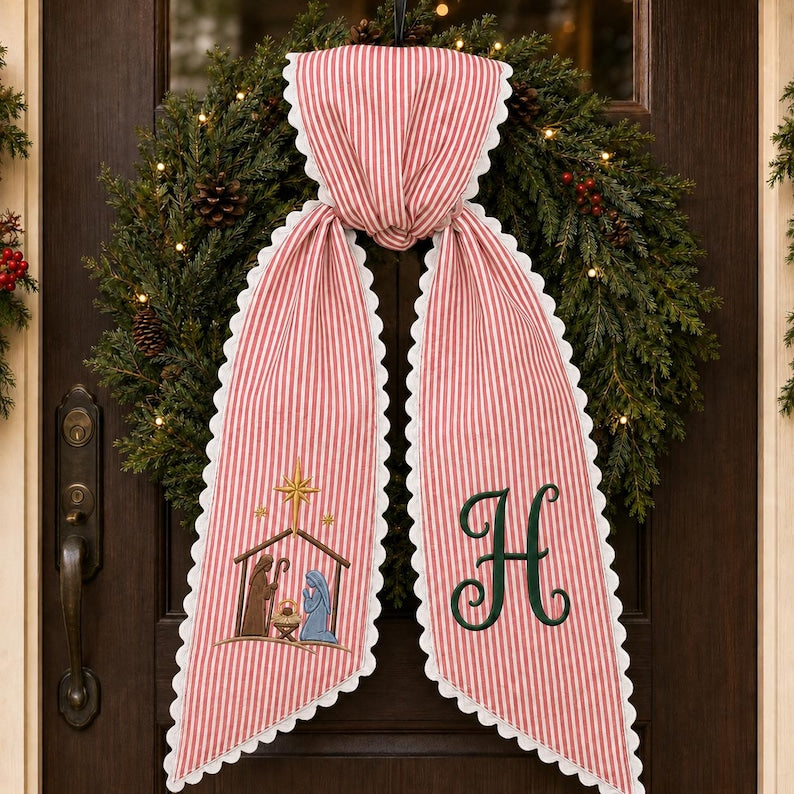 Personalized Nativity Wreath Sash, Embroidered Manger Monogram, Red Stripe Christmas Door Bow