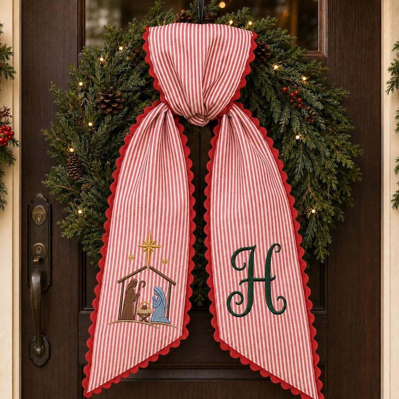 Personalized Nativity Wreath Sash, Embroidered Manger Monogram, Red Stripe Christmas Door Bow