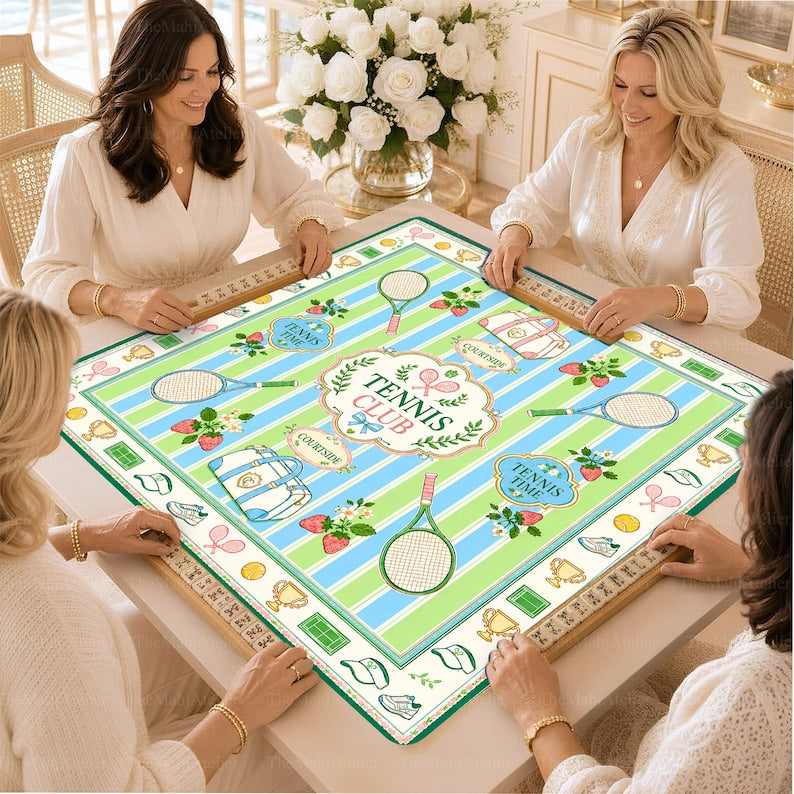 Preppy Tennis Club Mahjong Mat, Green Pink Strawberry Court Game Mat, Country Club Style