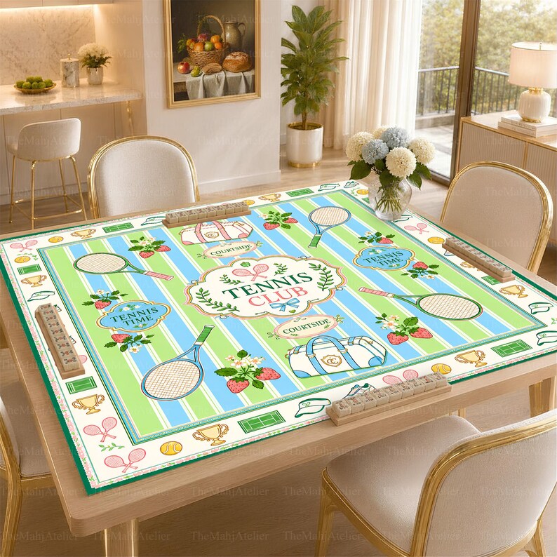 Preppy Tennis Club Mahjong Mat, Green Pink Strawberry Court Game Mat, Country Club Style