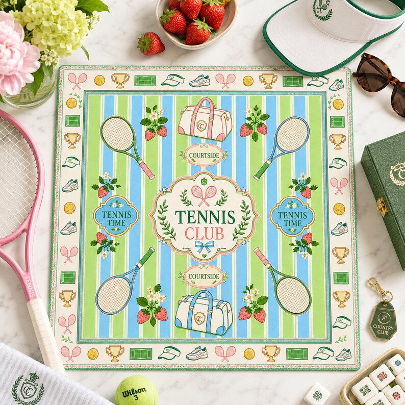 Preppy Tennis Club Mahjong Mat, Green Pink Strawberry Court Game Mat, Country Club Style