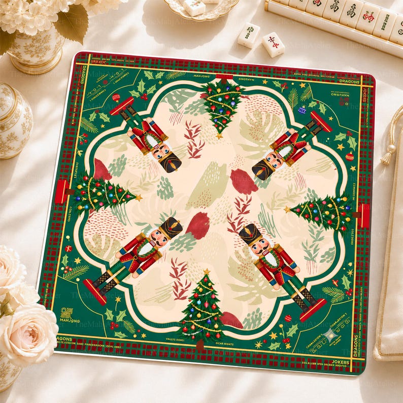 Christmas Nutcracker Mahjong Mat, Red Green Holiday Game Mat, Traditional Christmas Tree Style, Non-slip Table Cover