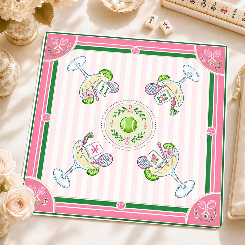 Pink Tennis Club Mahjong Mat, Preppy Cocktail Country Club Game Mat, Green Court Style