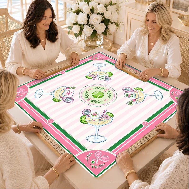 Pink Tennis Club Mahjong Mat, Preppy Cocktail Country Club Game Mat, Green Court Style