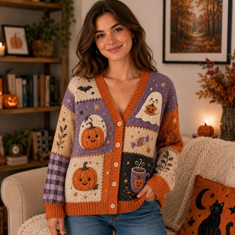Halloween Pumpkin Ghost Cardigan, Cottagecore Autumn Knit, Cozy Fall Sweater