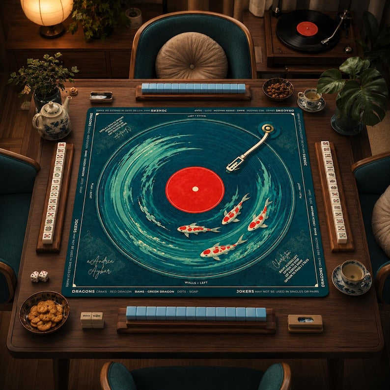 Koi Fish Vinyl Record Mahjong Mat, Japanese Pond Mahjong Table Cover, Charleston Rules Game Mat, Non Slip Table Cover