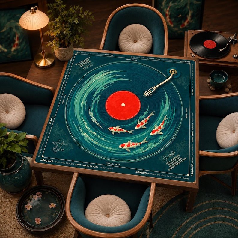Koi Fish Vinyl Record Mahjong Mat, Japanese Pond Mahjong Table Cover, Charleston Rules Game Mat, Non Slip Table Cover