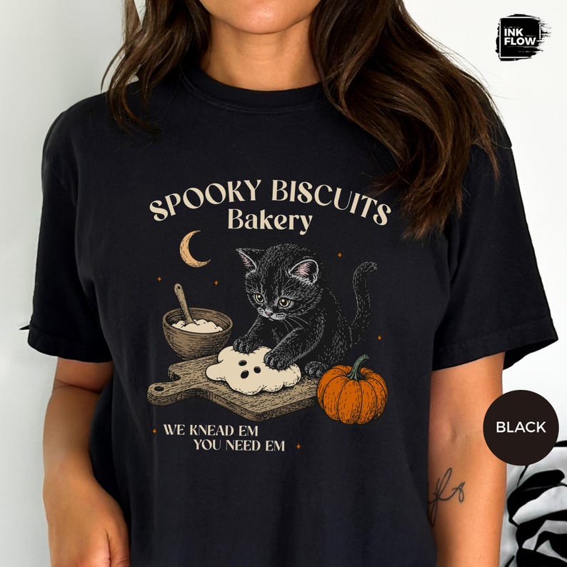Spooky Biscuits Bakery Comfort Colors Shirt, Whimsical Black Cat Baking T-Shirt, Halloween Cat Tee