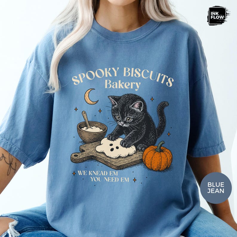 Spooky Biscuits Bakery Comfort Colors Shirt, Whimsical Black Cat Baking T-Shirt, Halloween Cat Tee
