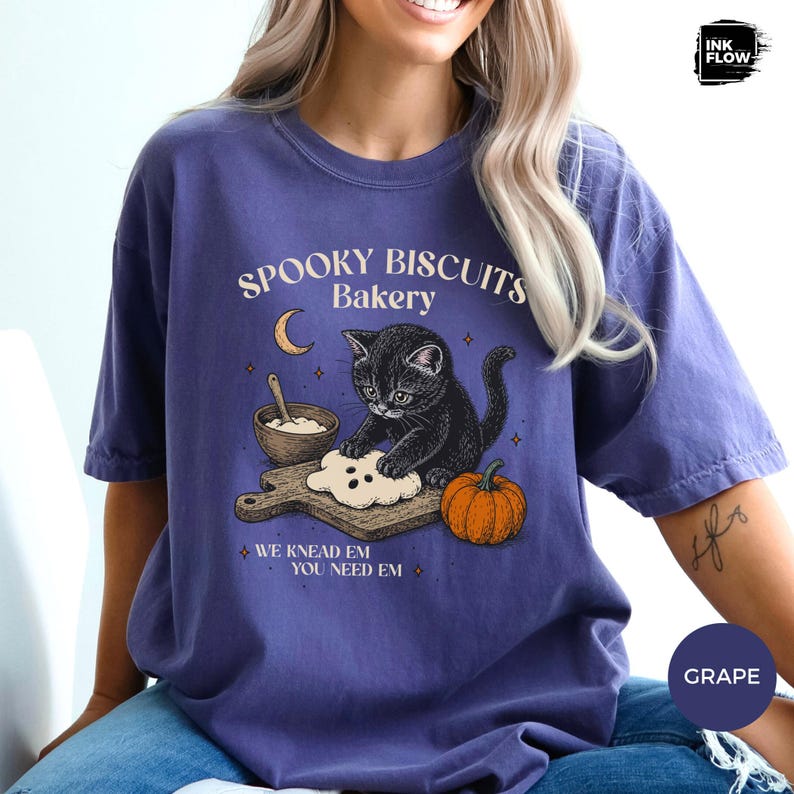 Spooky Biscuits Bakery Comfort Colors Shirt, Whimsical Black Cat Baking T-Shirt, Halloween Cat Tee