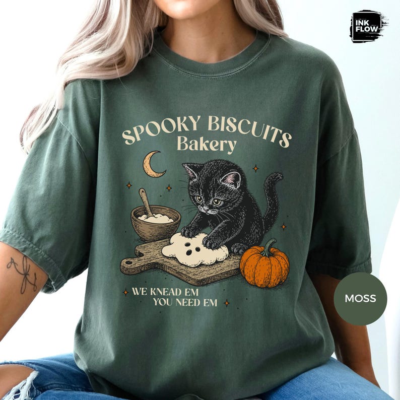 Spooky Biscuits Bakery Comfort Colors Shirt, Whimsical Black Cat Baking T-Shirt, Halloween Cat Tee