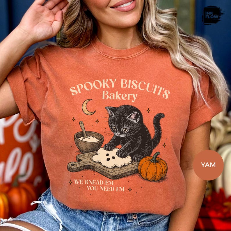 Spooky Biscuits Bakery Comfort Colors Shirt, Whimsical Black Cat Baking T-Shirt, Halloween Cat Tee
