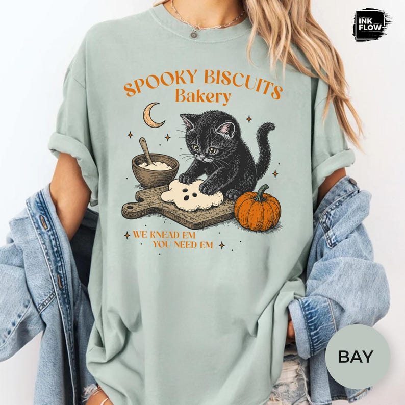 Spooky Biscuits Bakery Comfort Colors Shirt, Whimsical Black Cat Baking T-Shirt, Halloween Cat Tee