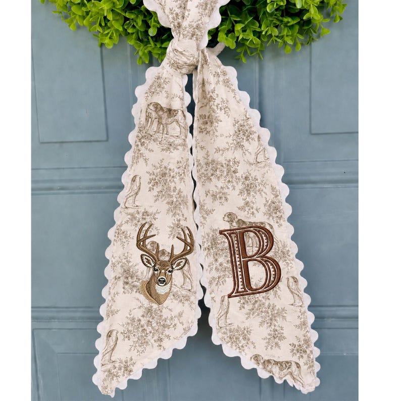Hunting Wreath Sash with Custom Monogram, Embroidered Deer Door Bow, Personalized Lodge Front Door Decor Gift