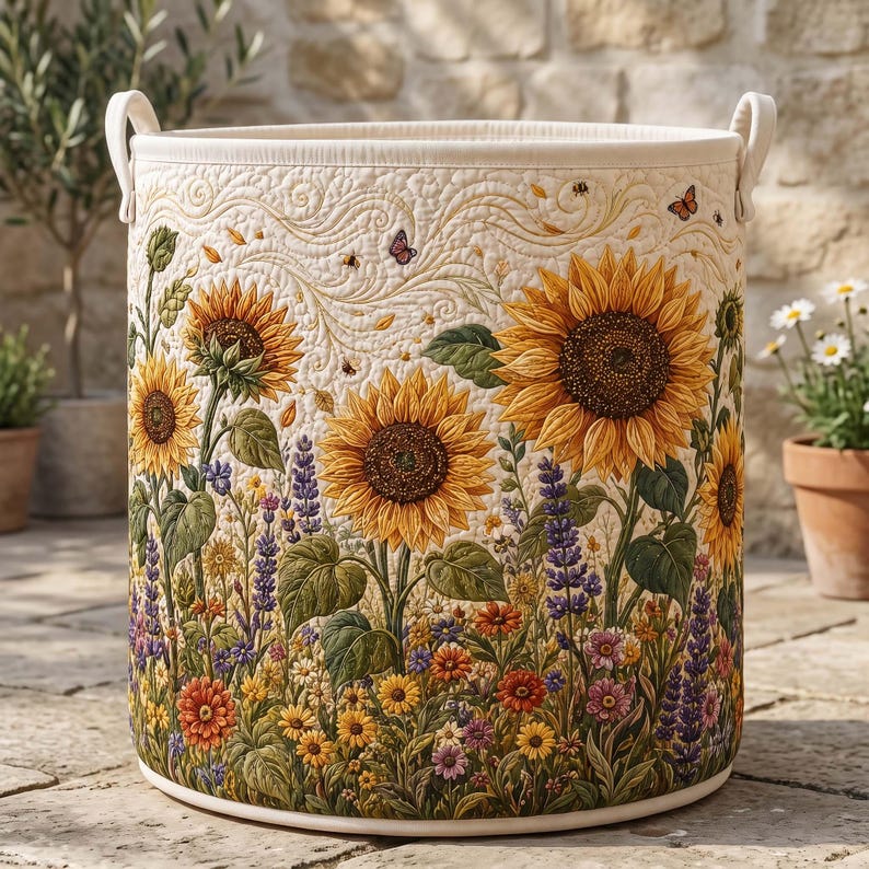 Sunflower Quilted Laundry Basket, Floral Lover Fabric Hamper, Gift For Grandma