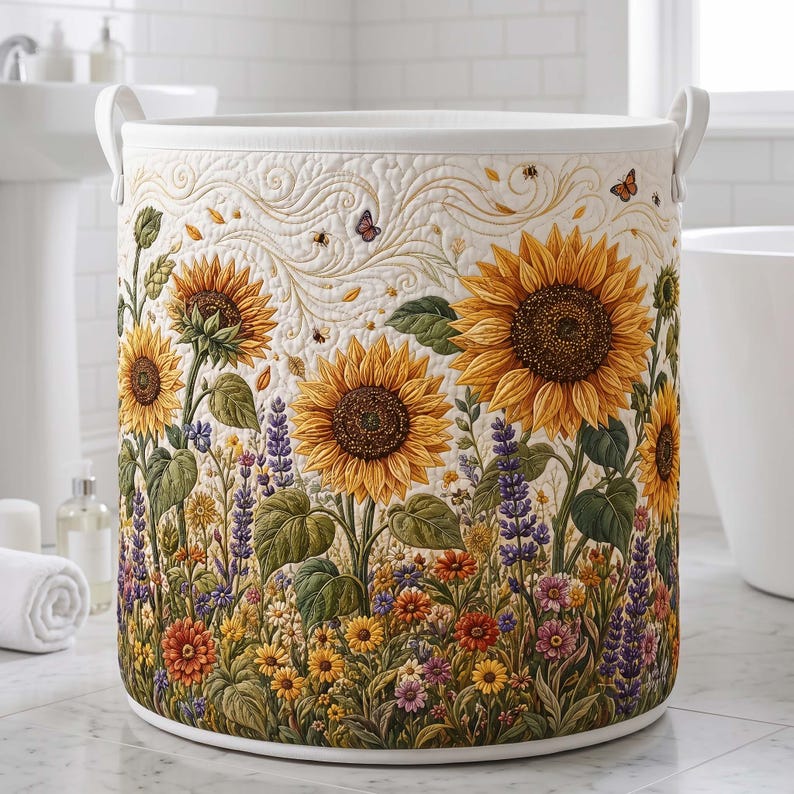 Sunflower Quilted Laundry Basket, Floral Lover Fabric Hamper, Gift For Grandma