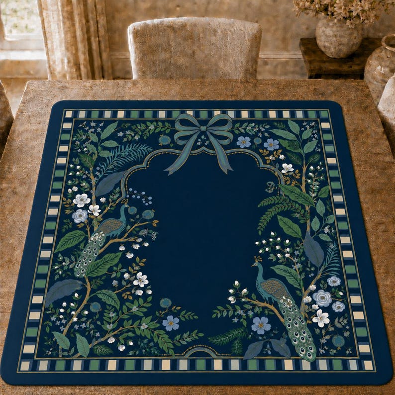 Navy Peacock Mahjong Mat, Midnight Botanical Mahjong Mat, Floral Garden Playing Mat, Elegant Mahjong Gift