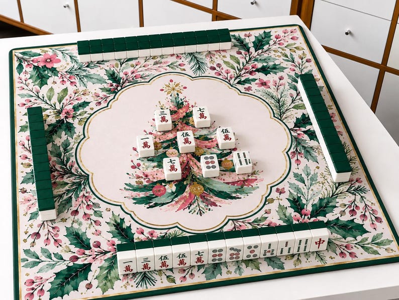 Elegant Christmas Holiday Mahjong Mat, Pink Green Christmas Tree Design, Festive Tablecloth, Seasonal Game Night Decor