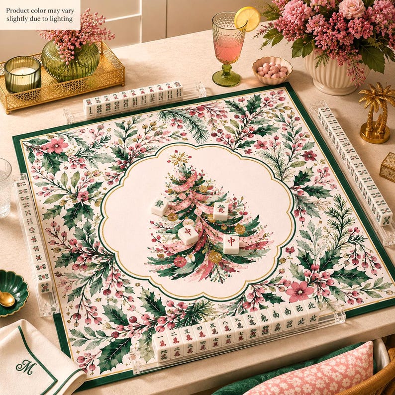 Elegant Christmas Holiday Mahjong Mat, Pink Green Christmas Tree Design, Festive Tablecloth, Seasonal Game Night Decor