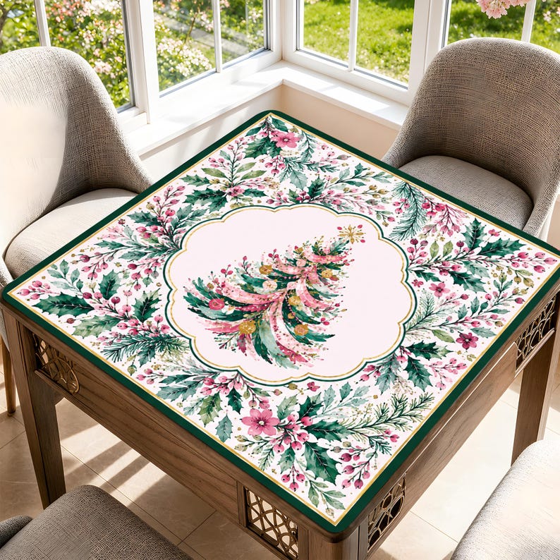 Elegant Christmas Holiday Mahjong Mat, Pink Green Christmas Tree Design, Festive Tablecloth, Seasonal Game Night Decor
