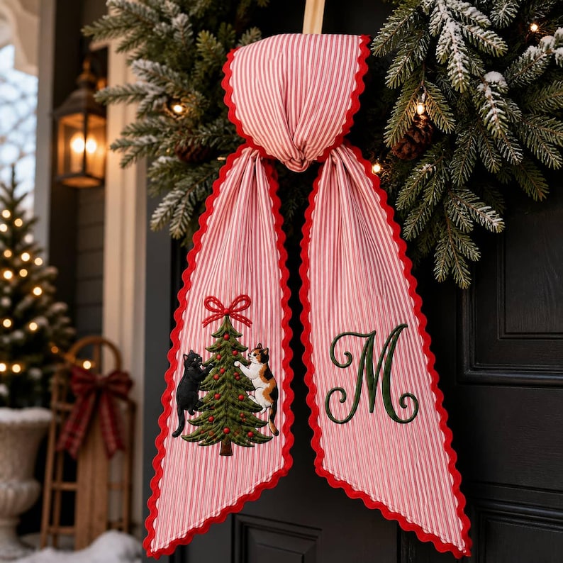 Custom Cat Christmas Wreath Sash, Striped Fabric with Embroidered Monogram