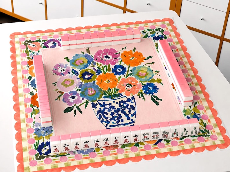 Chinoiserie Floral Vase Mahjong Mat, Elegant Game Night Decor, Vibrant Botanical Art Table Mat, Hostess Gift