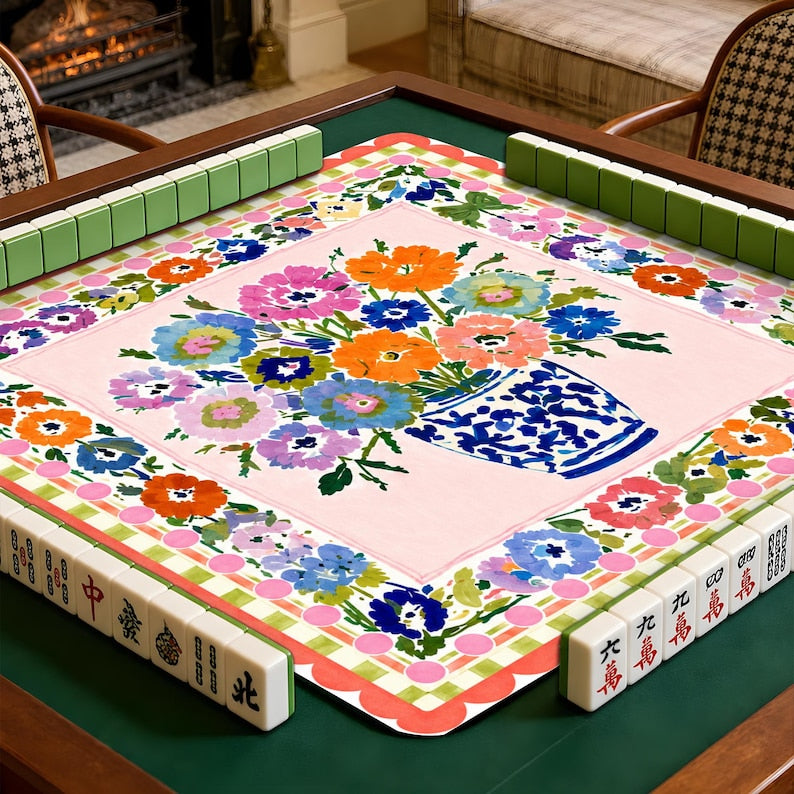 Chinoiserie Floral Vase Mahjong Mat, Elegant Game Night Decor, Vibrant Botanical Art Table Mat, Hostess Gift