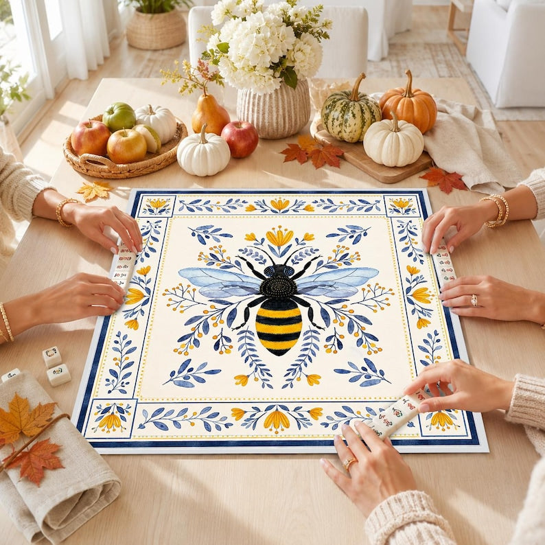 Honey Bee Mahjong Mat, Botanical Floral Mahjong Table Decor, Blue Yellow Garden Game Mat, Bee Lover Mahjong Gift