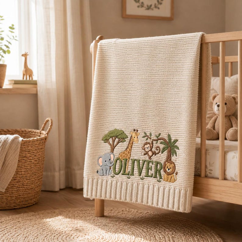 Personalized Embroidered Lion Baby Blanket Name, Custom Name Giraffe Safari Newborn Gift