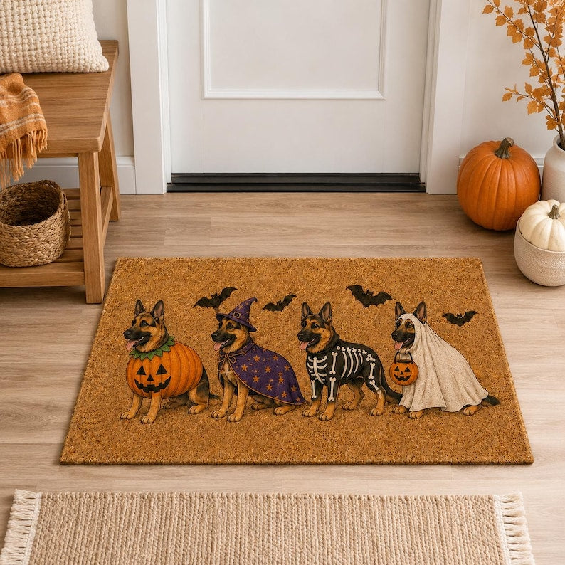 Halloween German Shepherd Coir Doormat, Spooky Dog Costume DoorMat, Ghost Witch Pumpkin Vampire Mantel Decor