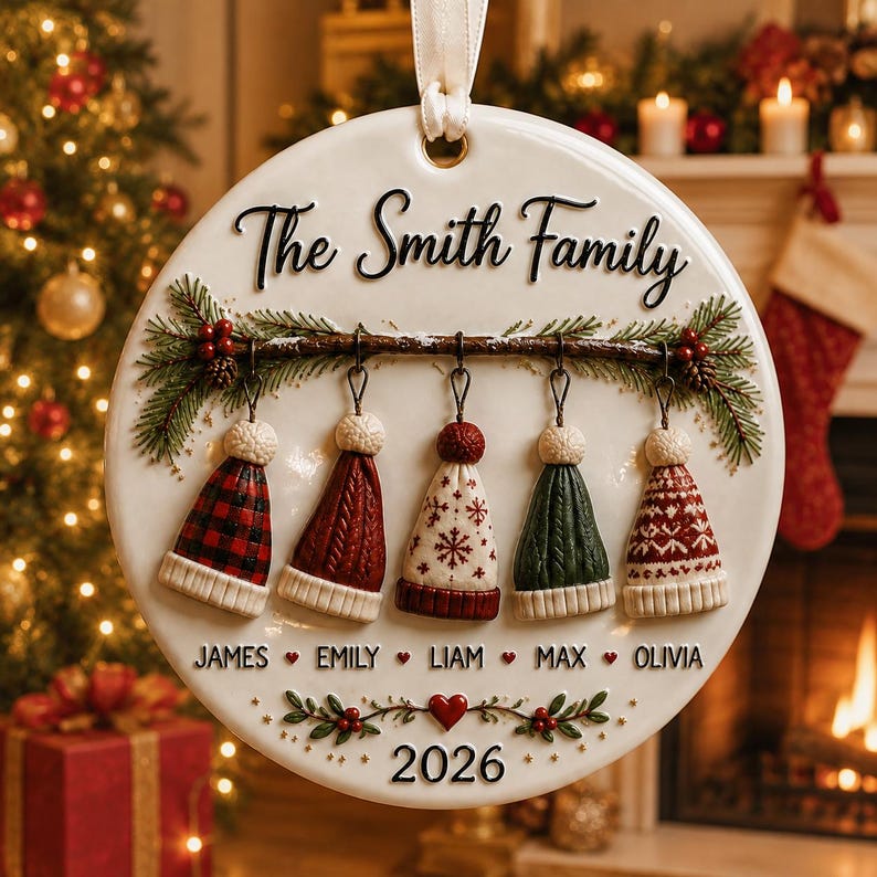 Personalized 3D Relief Family Christmas Ornament, Custom Names And Year, Winter Hat Holiday Keepsake