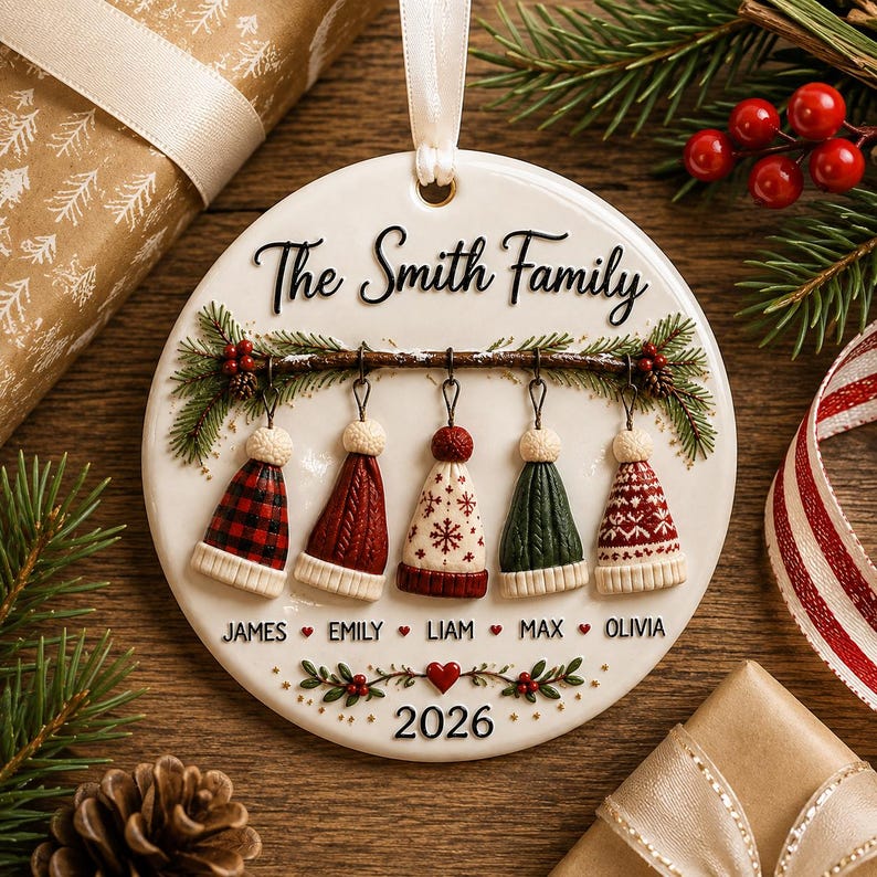 Personalized 3D Relief Family Christmas Ornament, Custom Names And Year, Winter Hat Holiday Keepsake
