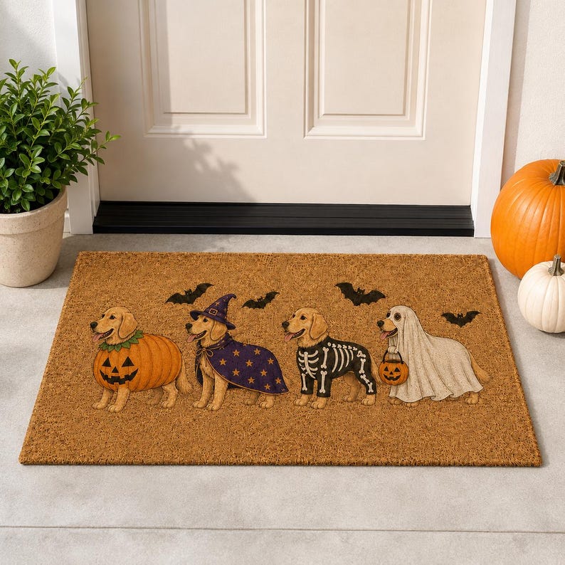 Golden Retriever Halloween Coir Doormat, Fall Front Porch Decor, Funny Dog Welcome Mat, Spooky Autumn Entrance Decor