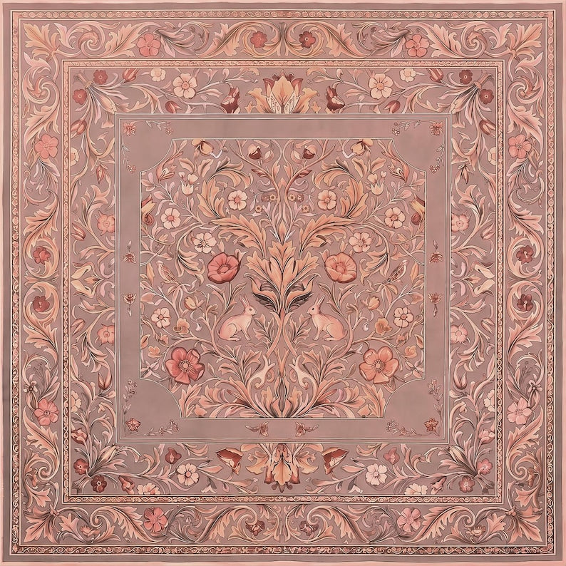 Vintage Botanical Rabbit Mahjong Mat, William Morris Style Floral Playmat, Extra Thick Nonslip Table Cover
