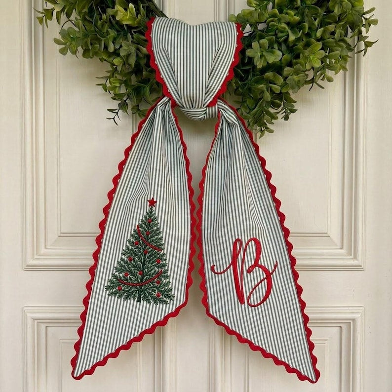 Personalized Christmas Wreath Sash, Embroidered Tree Monogram Door Sash, Holiday Ribbon Sash